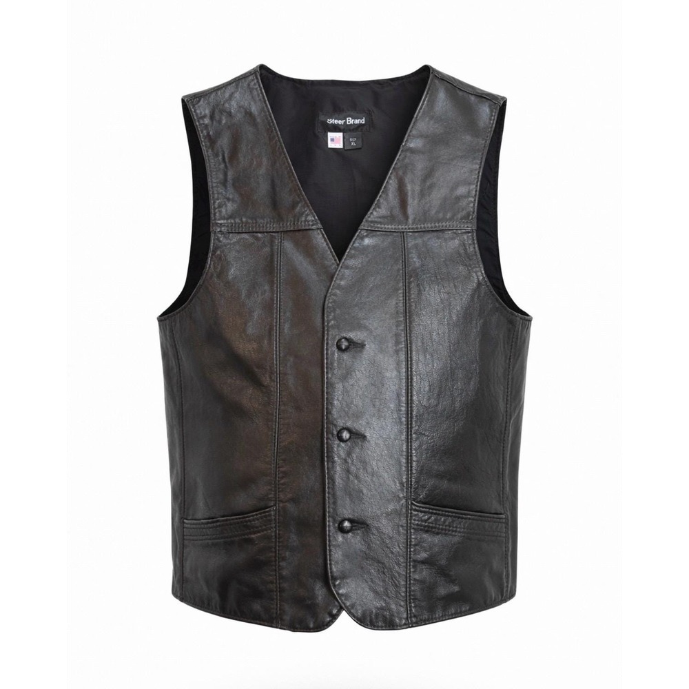 Vintage‎ Steer Brand Black Leather USA Button Up Vest Size XL Motorcycle Biker